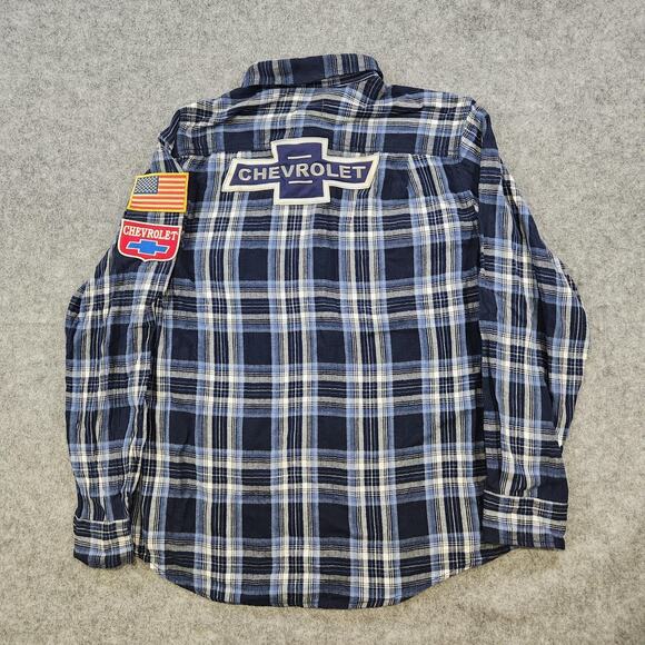 VTG Chevrolet Shirt Mens Large Blue Plaid Flannel Embroiderd Patch Racing USA - Picture 3 of 14